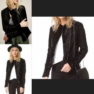 Free People Black Velvet Lacey Asymmetrical Zip Up Moto Jacket Size Large